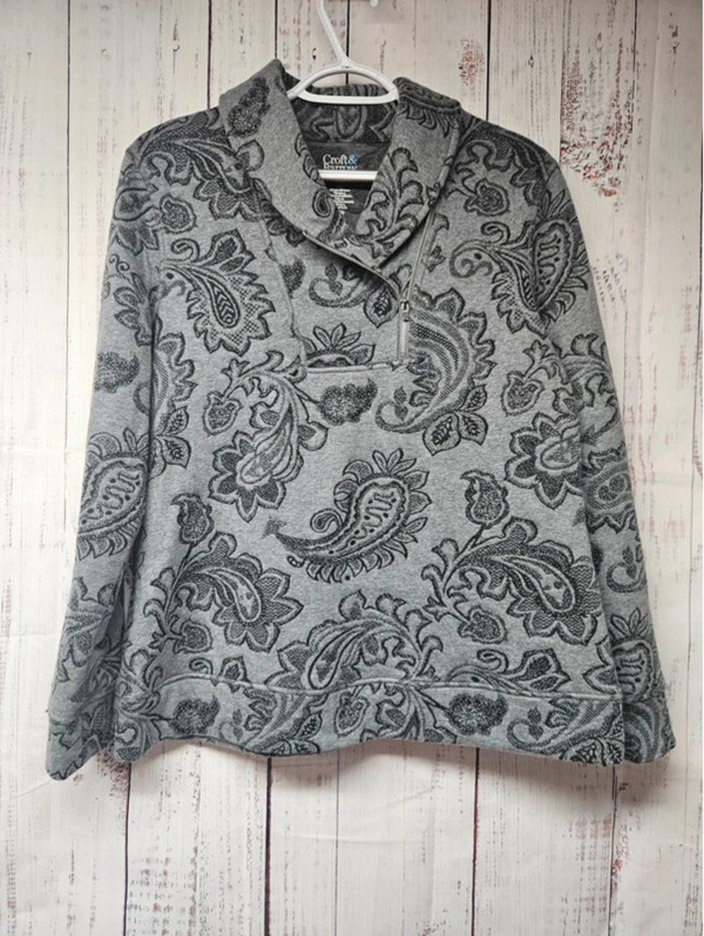 Croft & Barrow Womens Petite M Gray Paisley Quarter Zip Pullover Sweatshirt